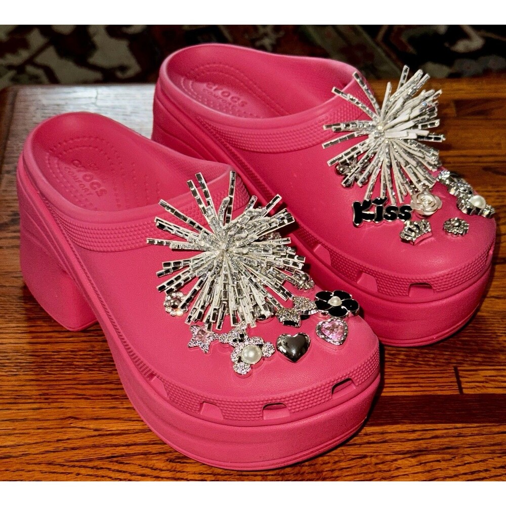 Crocs Siren embellished jibbitz Platform Clog In Pink/Silver W8